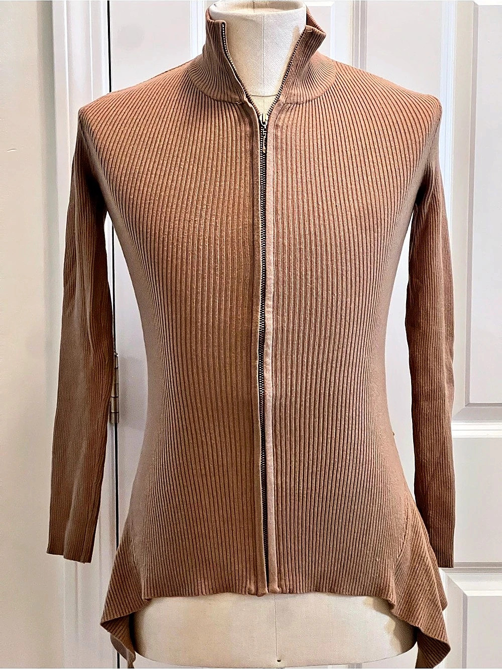 Ribbed Zip Front Peplum Sweater in Brown